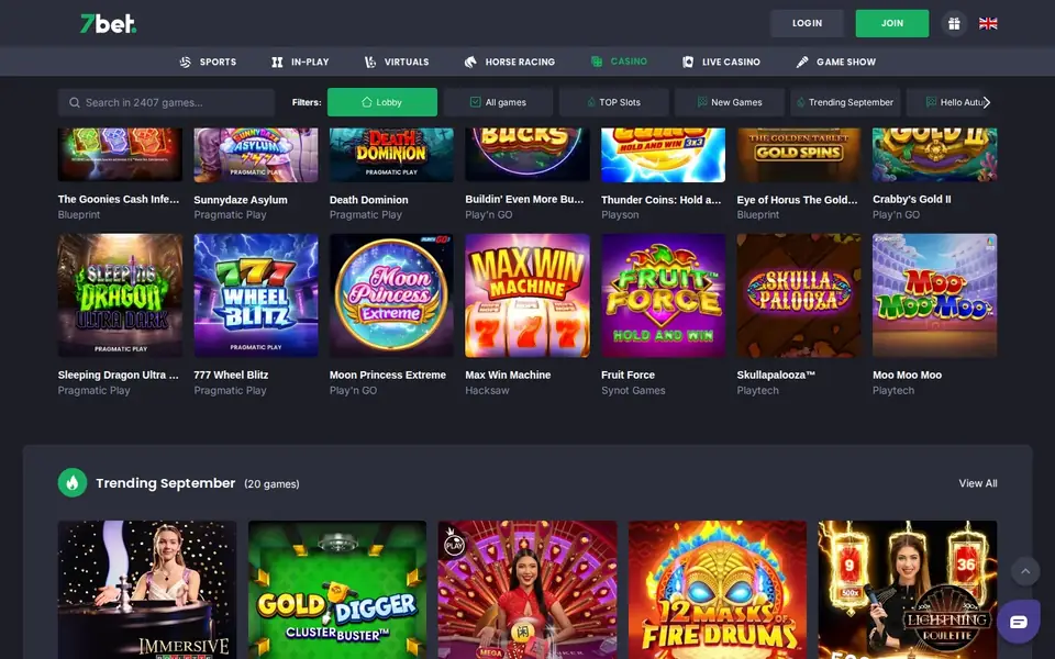 7bet casino lobby: sports, in-play, virtuals, horse racing, casino, live casino and game show tabs above a grid of slot games