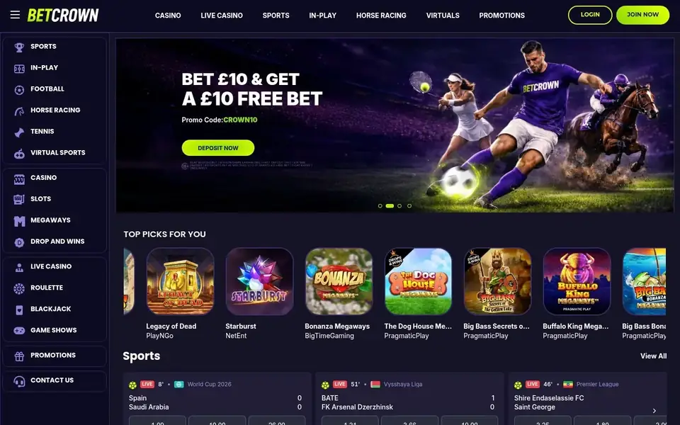 BetCrown homepage: a sports free-bet banner, sports and casino menus down the left and a row of top slot picks