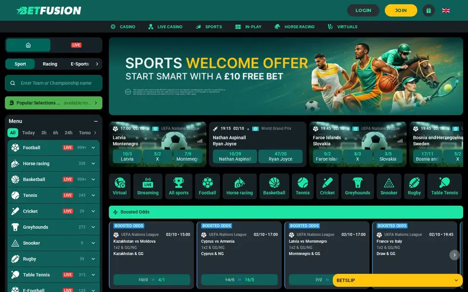 BetFusion homepage: a sports welcome banner over upcoming football and darts matches, a row of sport icons and boosted odds