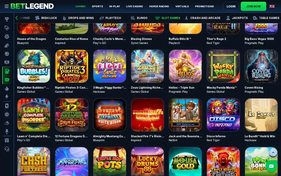 BetLegend casino lobby: casino, sports, in-play, live casino, horse racing and virtuals tabs above a grid of slot games