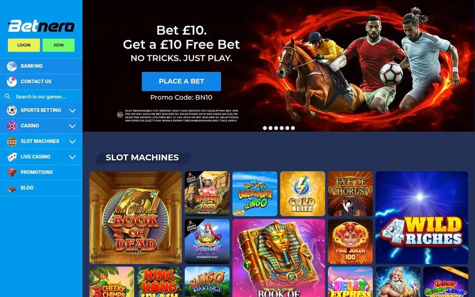 Betnero homepage: a sports free-bet banner beside a blue side menu of sports betting, casino, slot machines and live casino, above a grid of slots