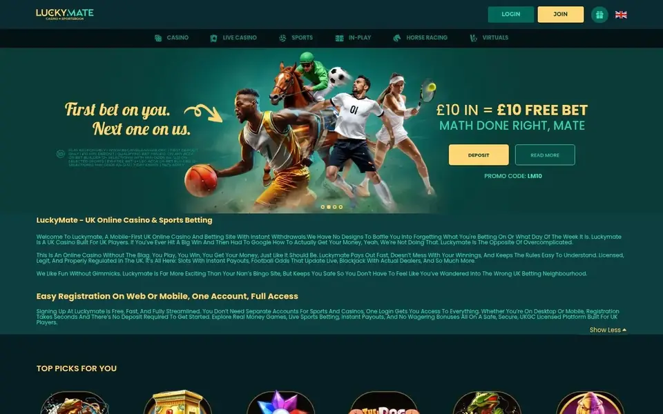 LuckyMate homepage: a sports welcome banner under a casino, live casino, sports, in-play, horse racing and virtuals menu
