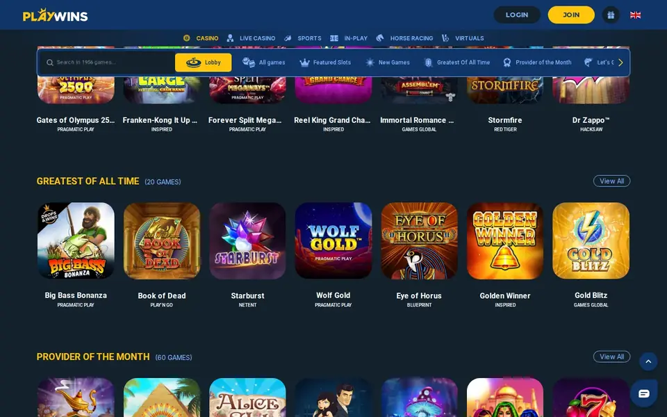 PlayWins casino lobby: the casino and sports menu, a game search bar and rows of slot games