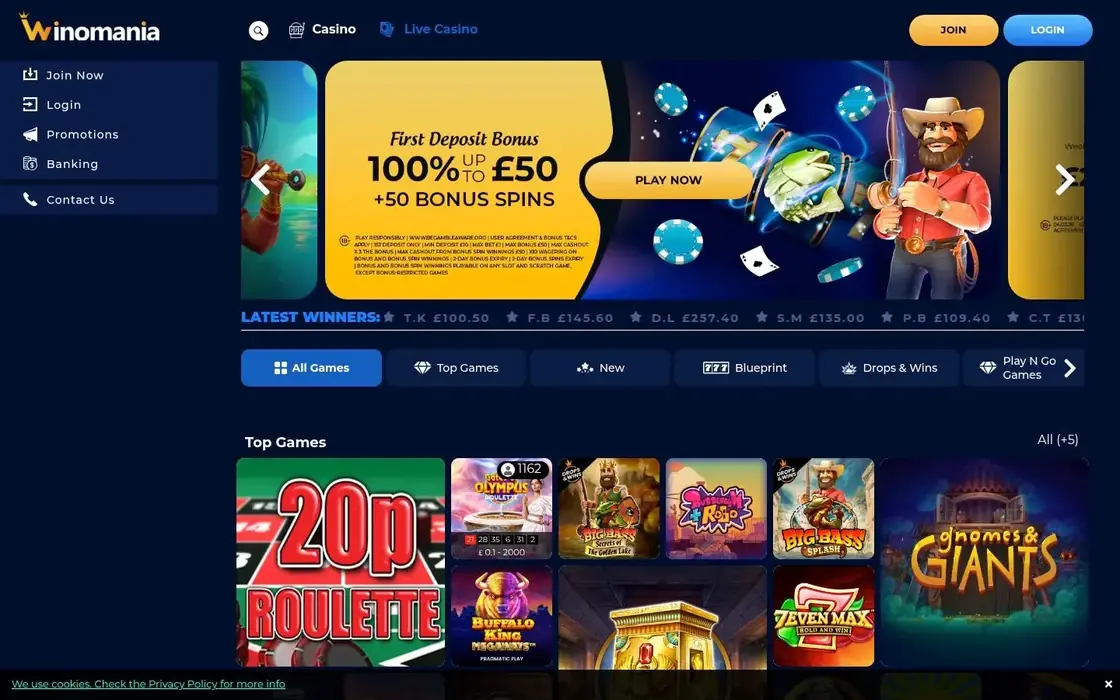 WinOMania homepage: the First Deposit Bonus banner, the Casino and Live Casino menu, a winners ticker and a grid of top games